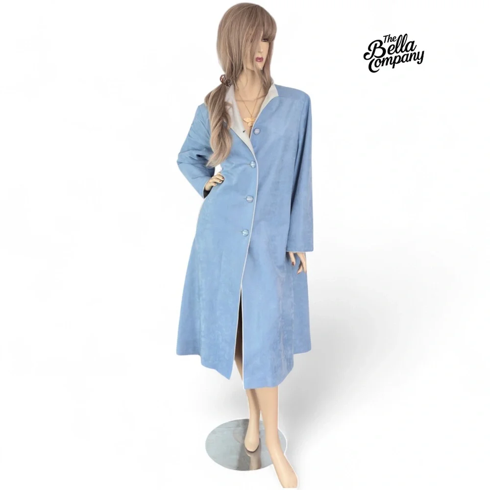 Vintage 80s Blue Faux Suede Midi Coat | Retro Soft Girl Coquette Academia Jacket